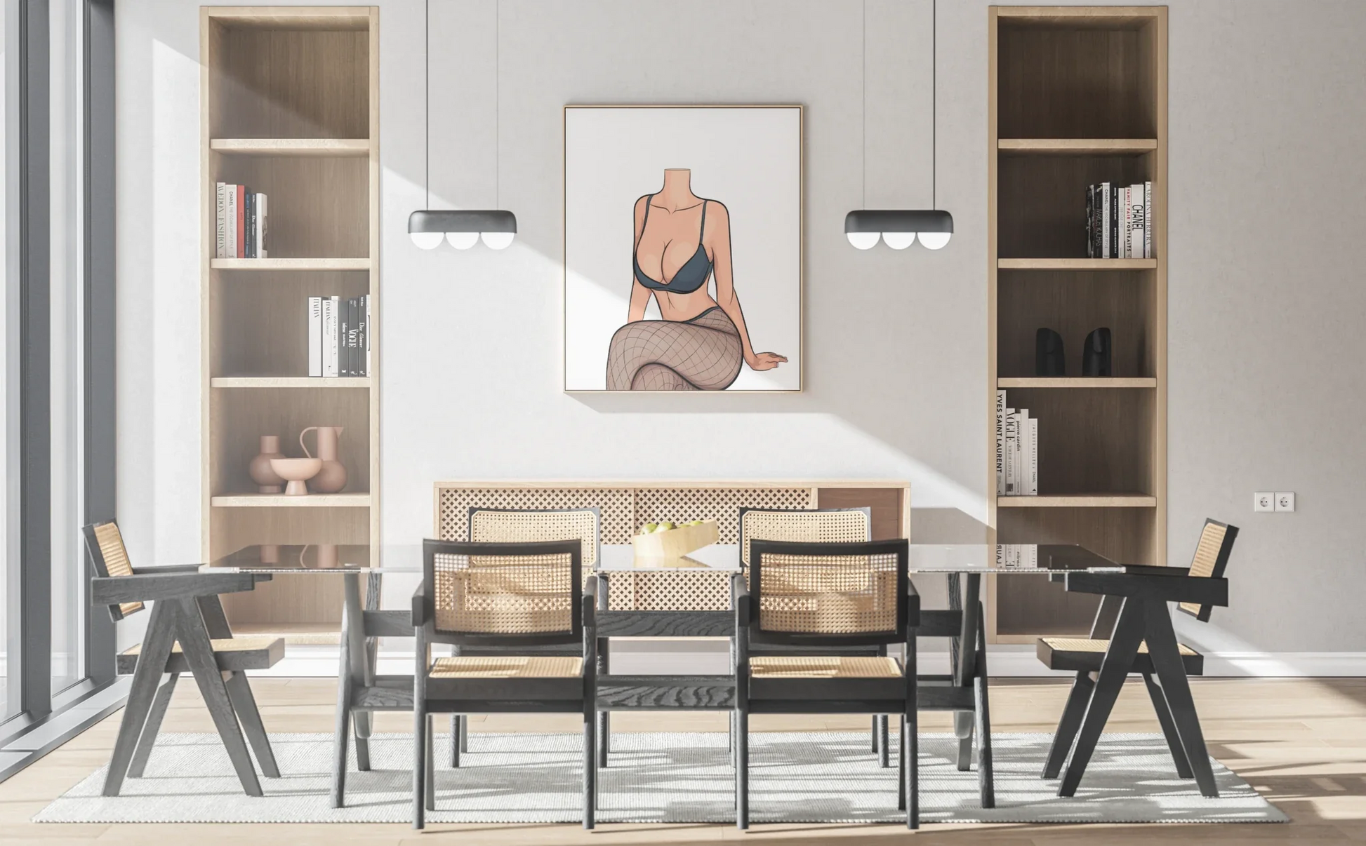 Digital artwork of Lingerie Model 79 in modern interior, showcasing baked art style.