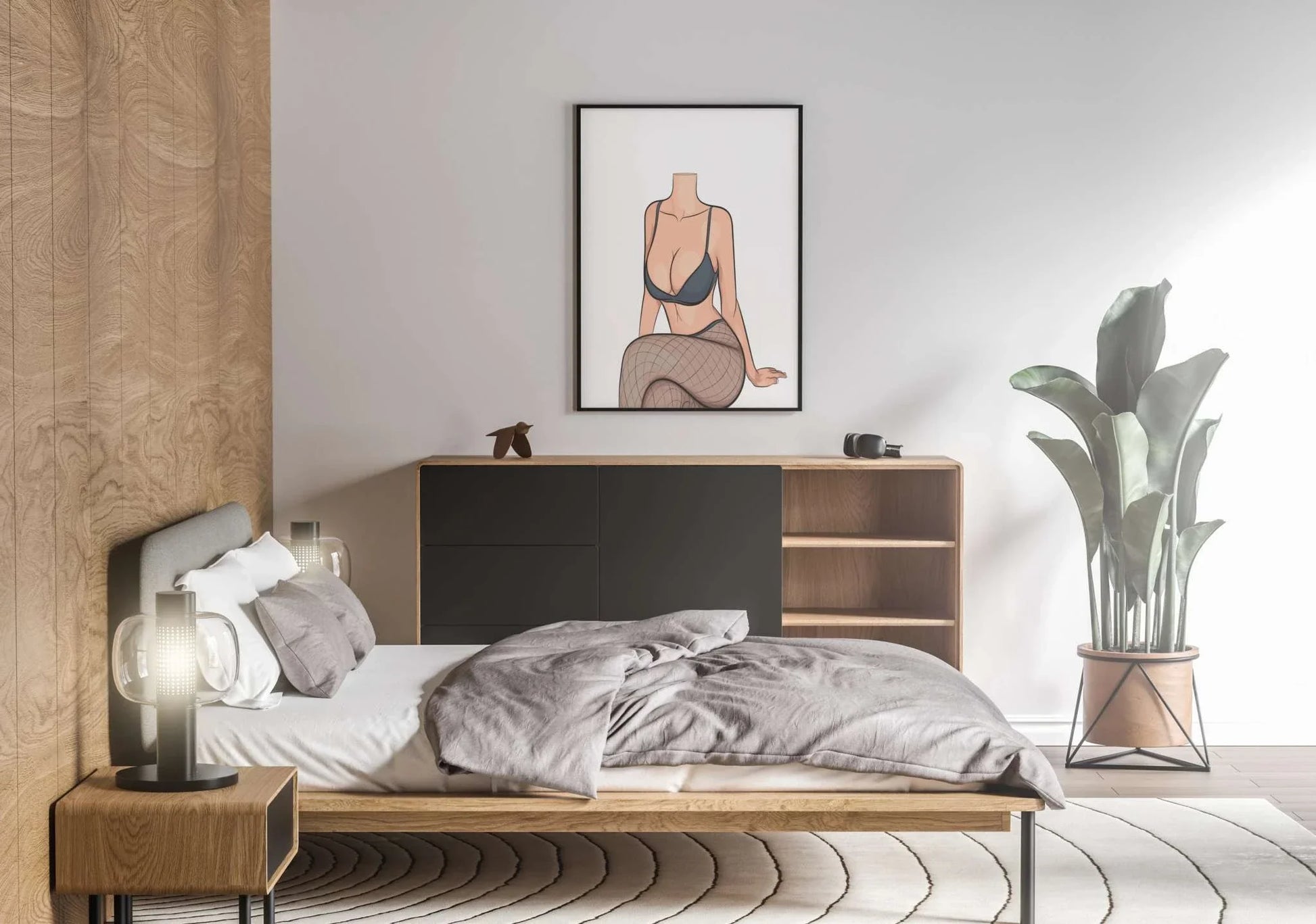 Digital artwork 'Lingerie Model 79' in modern bedroom setting.