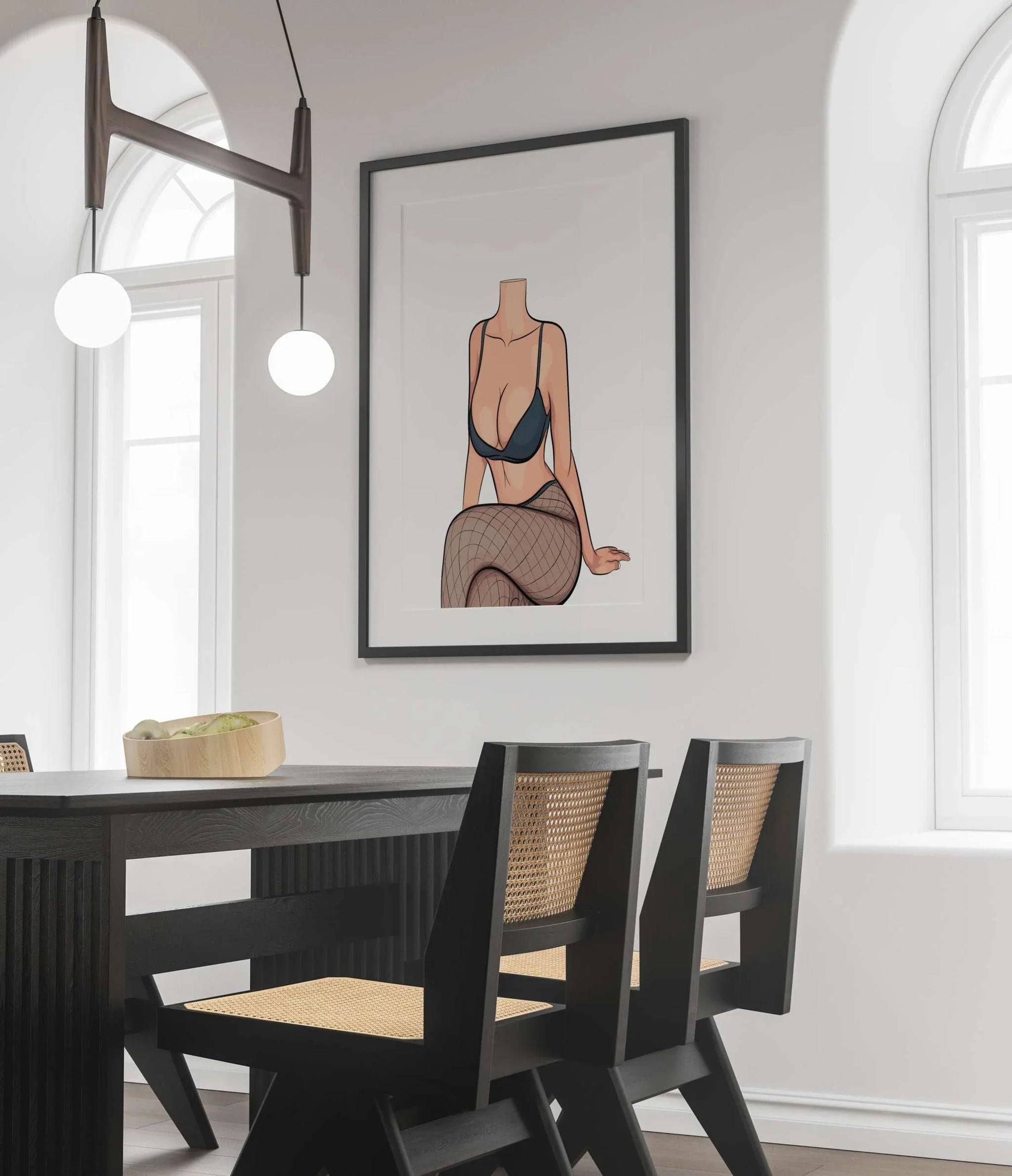 Digital artwork titled "Lingerie Model 79 - Baked Art" displayed in a modern dining room.