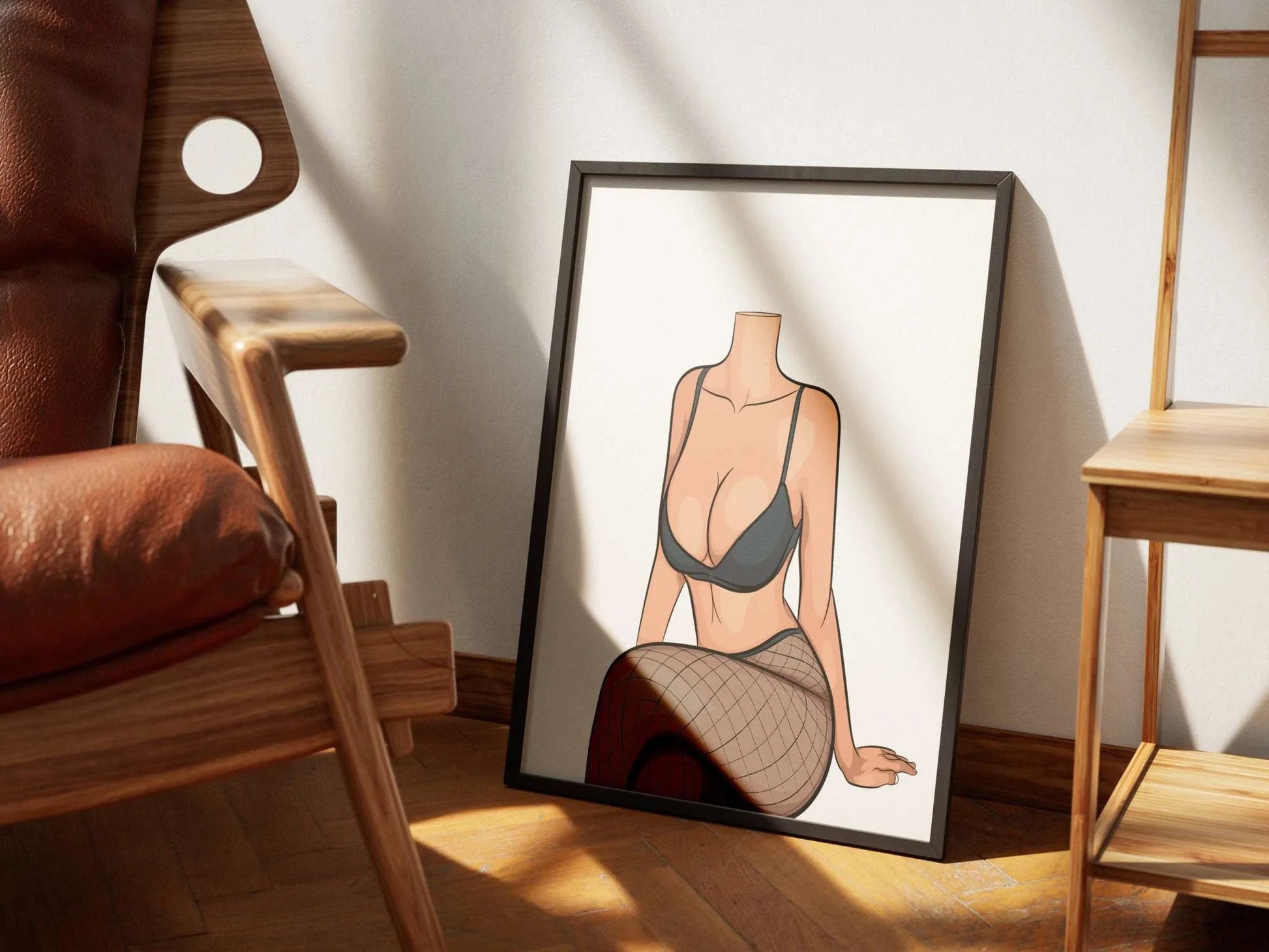 Digital artwork of Lingerie Model 79 in modern style, framed and placed on wooden floor, showcasing elegance and bold aesthetics.