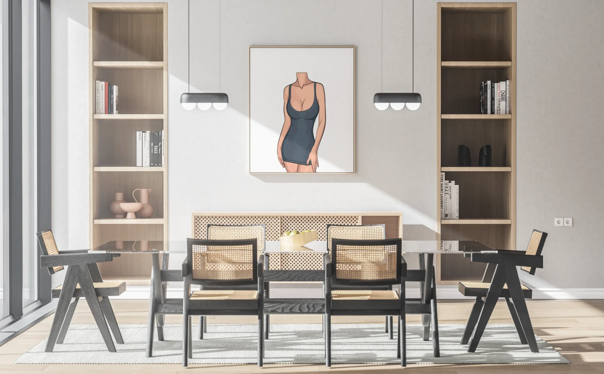 Digital art print of Lingerie Model 80 in modern dining room setting.