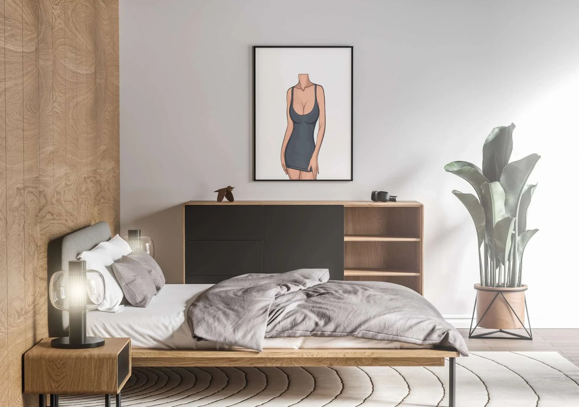 Digitalized arts illustration of lingerie model in modern bedroom setting.