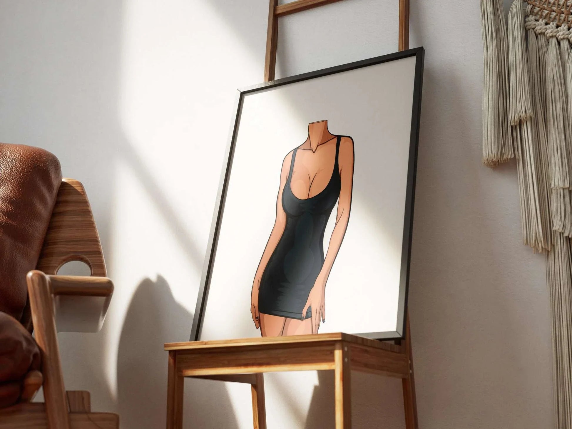 Digital illustration of a sleek lingerie model in a black dress, showcasing modern, bold aesthetics and elegant lines, titled "Baked Art - Model 80".