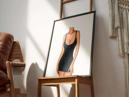 Digital illustration of a sleek lingerie model in a black dress, showcasing modern, bold aesthetics and elegant lines, titled "Baked Art - Model 80".