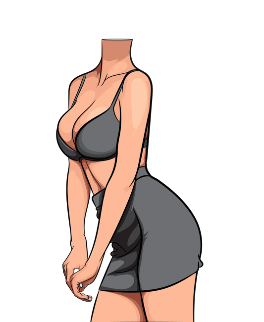 Stylized digital artwork of Model 83 in bralette and mini skirt, showcasing fashion and design.