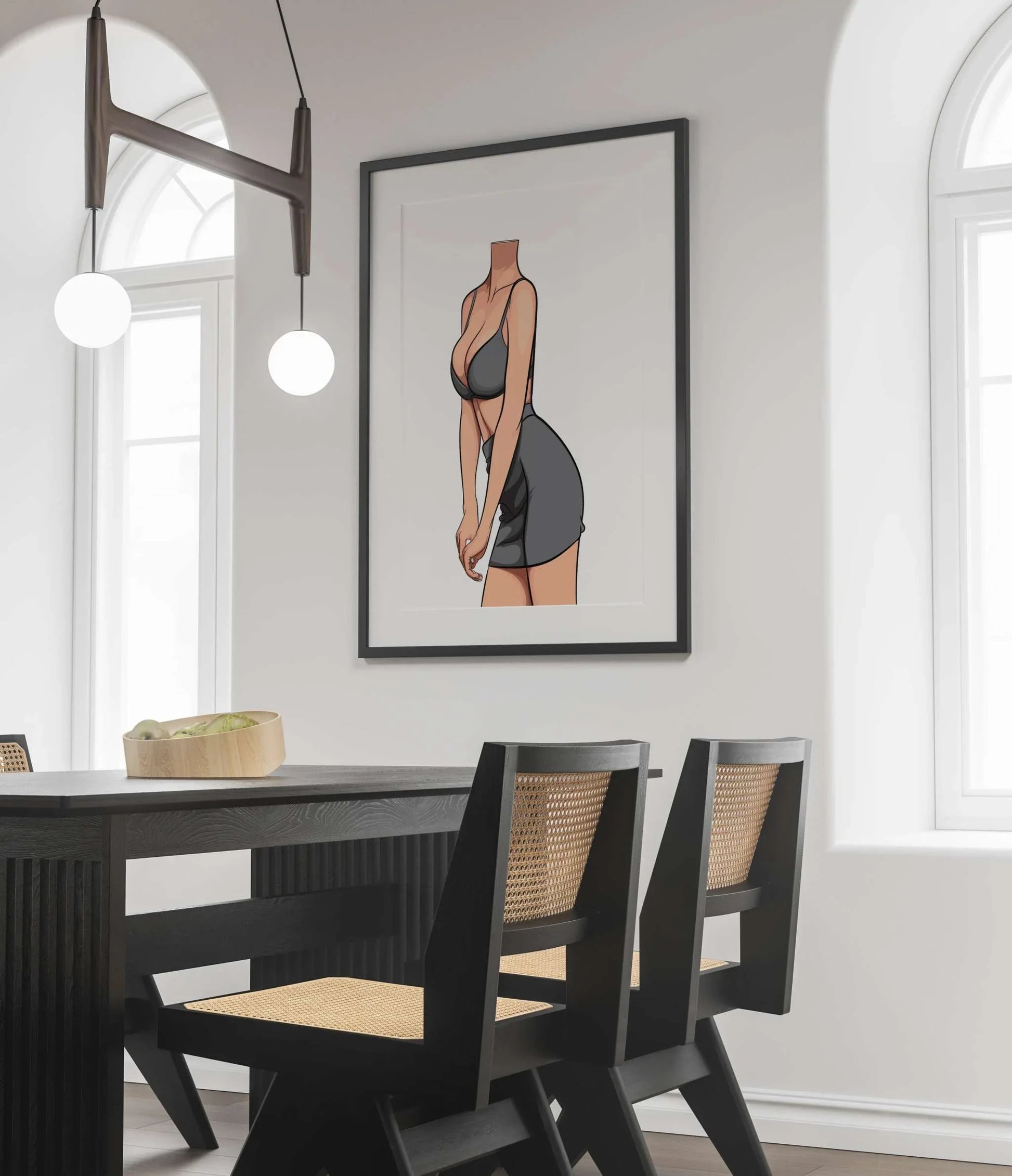 Stylish digital illustration of "Baked Art - Model 83" in form-fitting bralette and mini skirt, emphasizing curves and fashion.