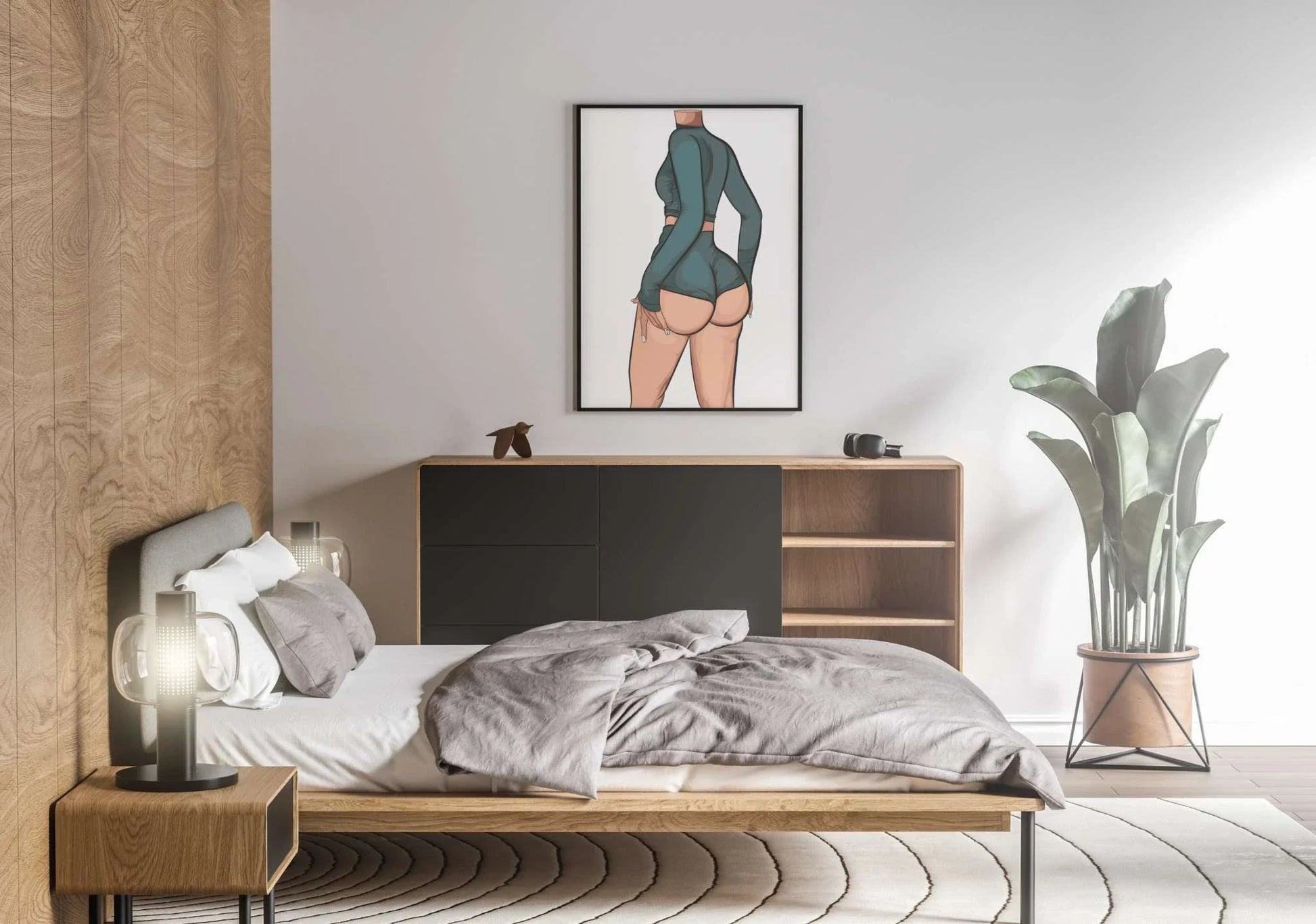 Digital artwork of figure in form-fitting outfit on bedroom wall; Baked Art - Model 84.