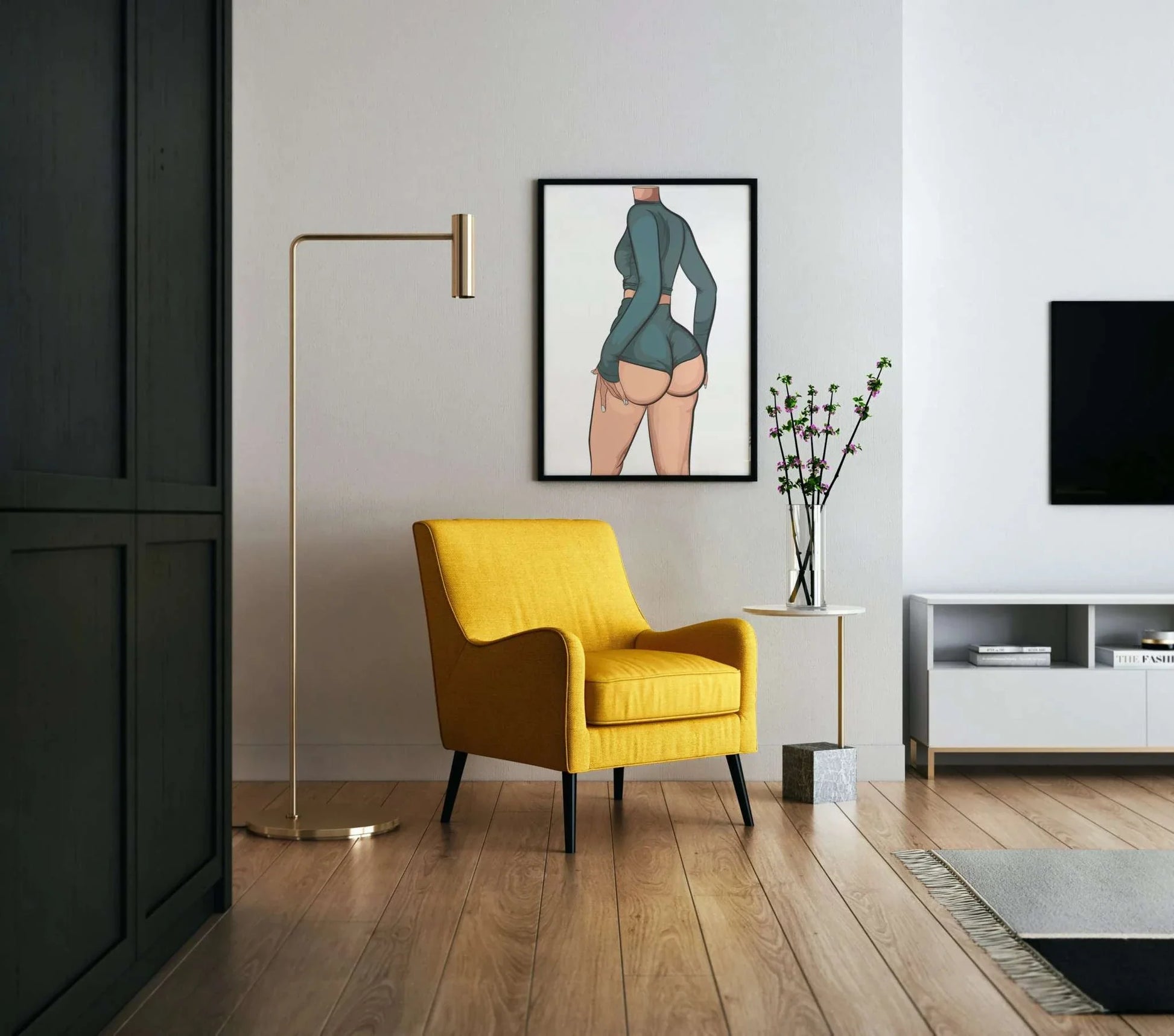Digital art of a figure in form-fitting outfit, displayed in a modern room setting; Baked Art - Model 84.