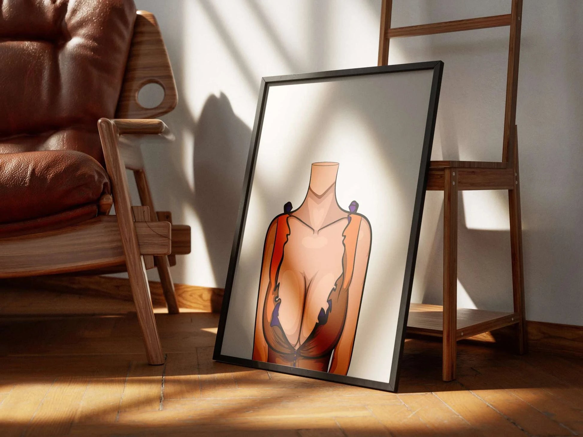 Digital artwork of a figure in an orange and brown ruffled top with purple accents, emphasizing curves with clean lines and shading; features a heart-shaped highlight near the collarbone.
