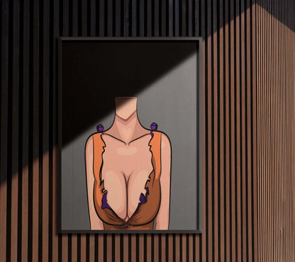 Baked Art - Model 85 digital artwork depicting a figure in a ruffled orange and brown top with purple accents, featuring detailed textures and a heart-shaped highlight near the collarbone.