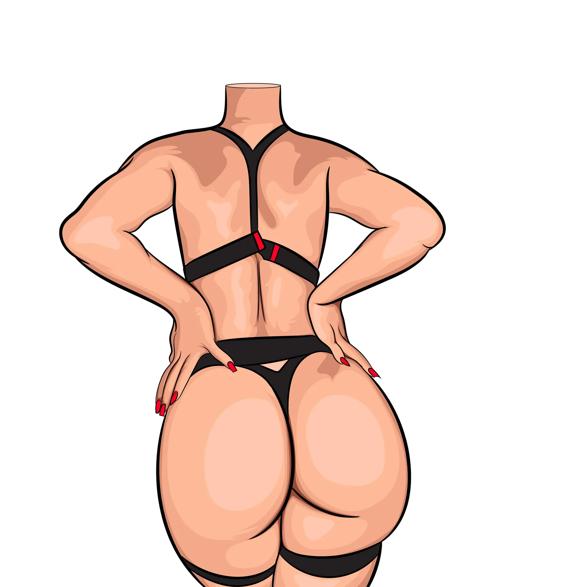 Digital art of Model 87 in black strappy lingerie with red accents, showcasing muscular back and confident pose.