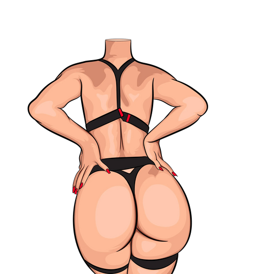 Digital art of Model 87 in black strappy lingerie with red accents, showcasing muscular back and confident pose.