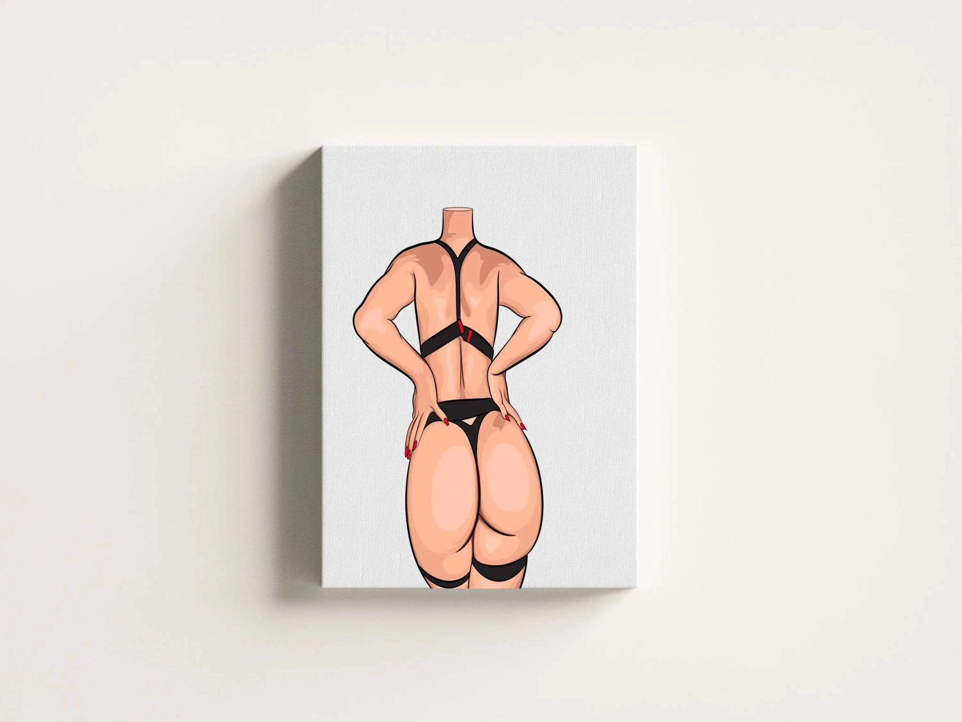 Baked Art - Model 87 digital illustration, bold figure in black strappy lingerie with red accents, showcasing strength and sensuality.