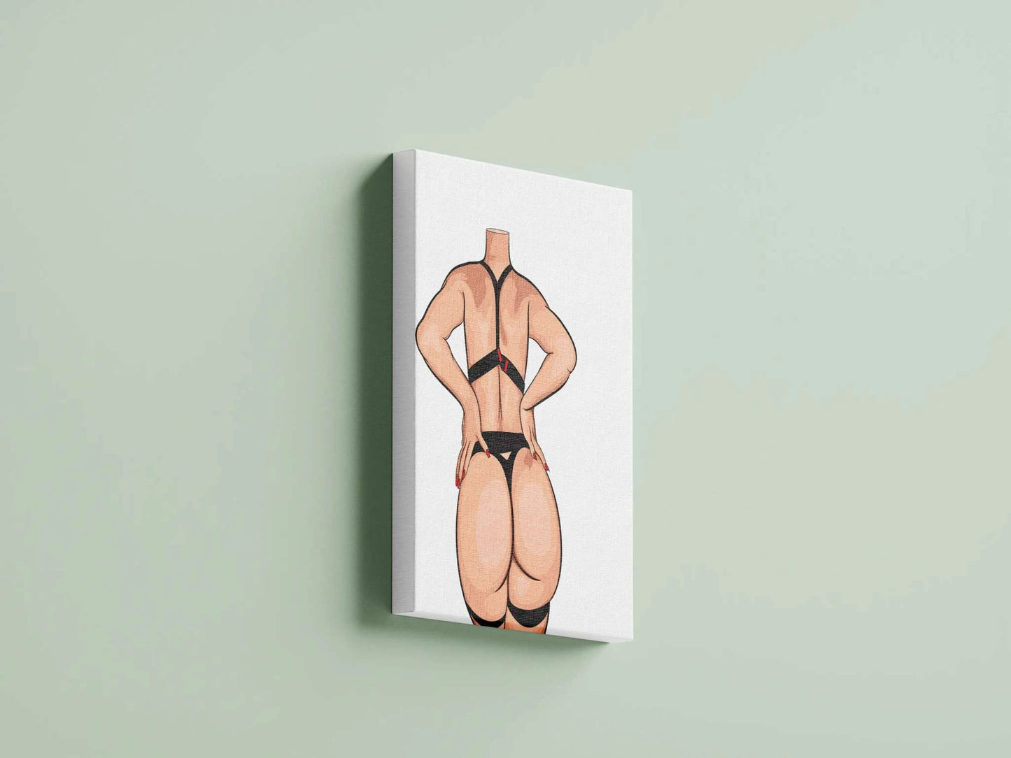 Bold digital art of a confident figure in black strappy lingerie with red accents, emphasizing strength and sensuality.
