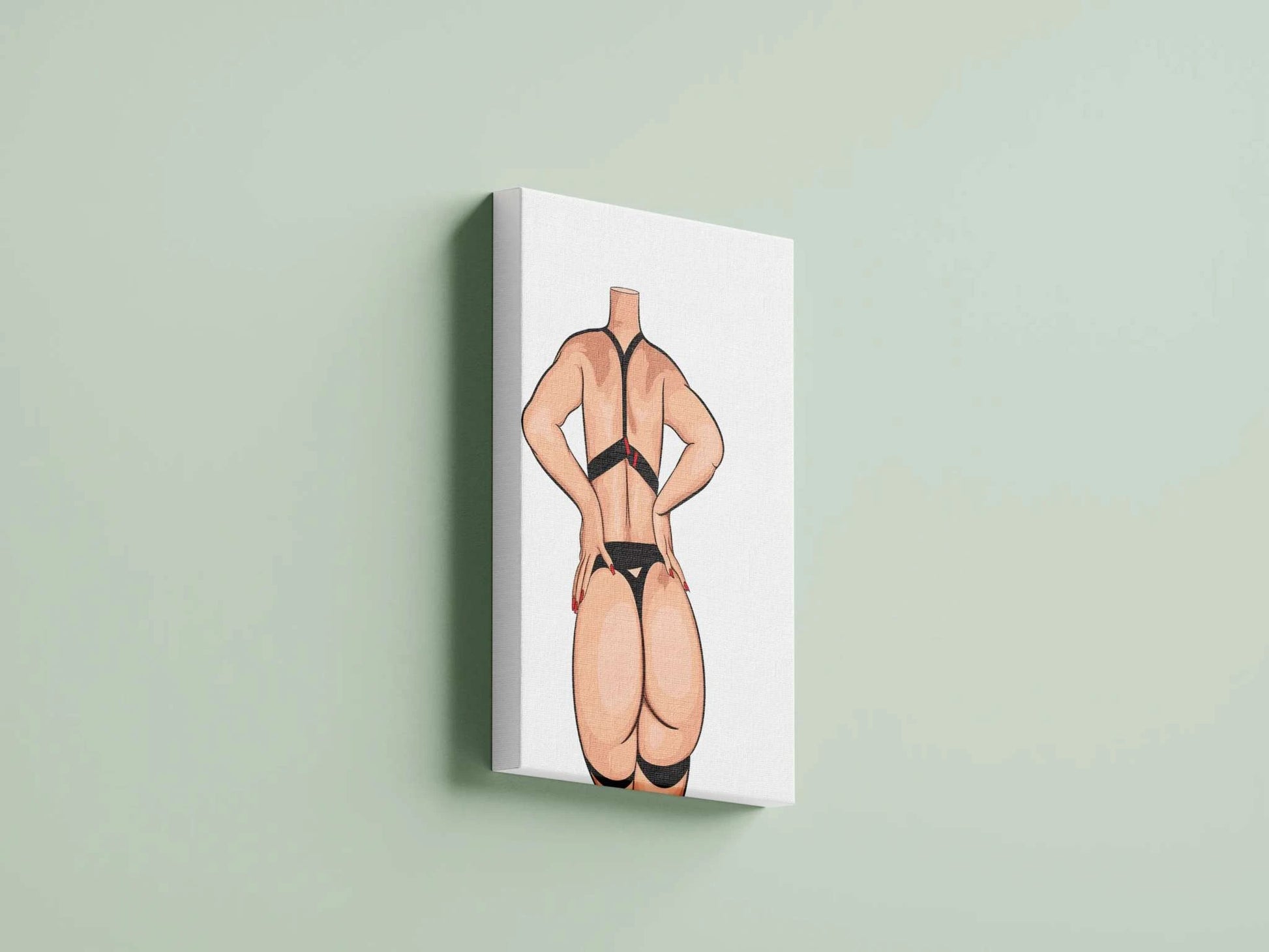 Bold digital art of a confident figure in black strappy lingerie with red accents, emphasizing strength and sensuality.