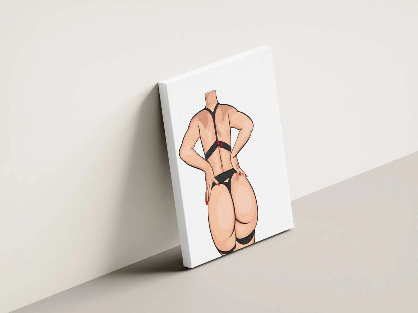 Digital art of Model 87 in black and red strappy lingerie, emphasizing strength and sensuality.