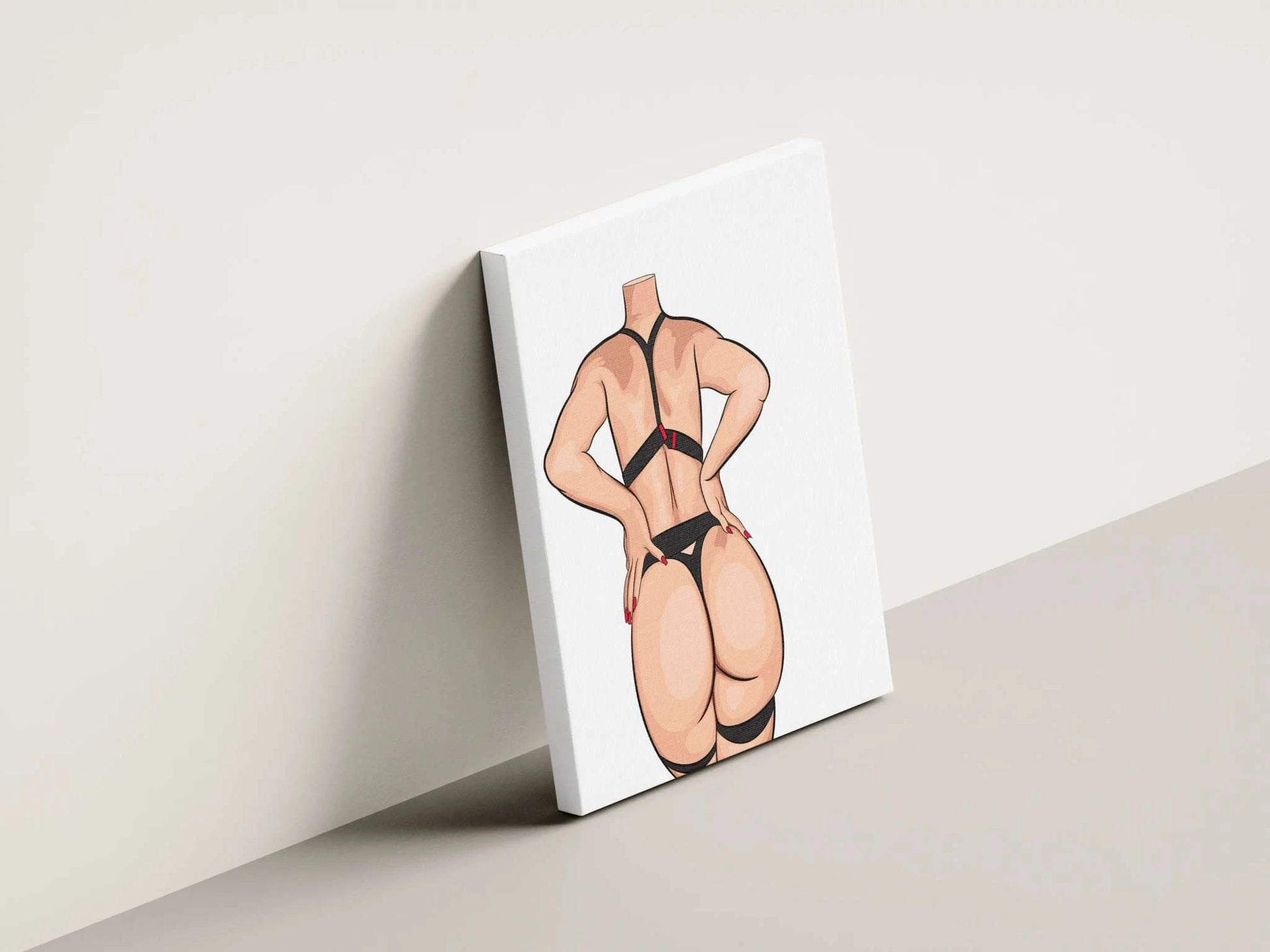Digital art of Model 87 in black and red strappy lingerie, emphasizing strength and sensuality.