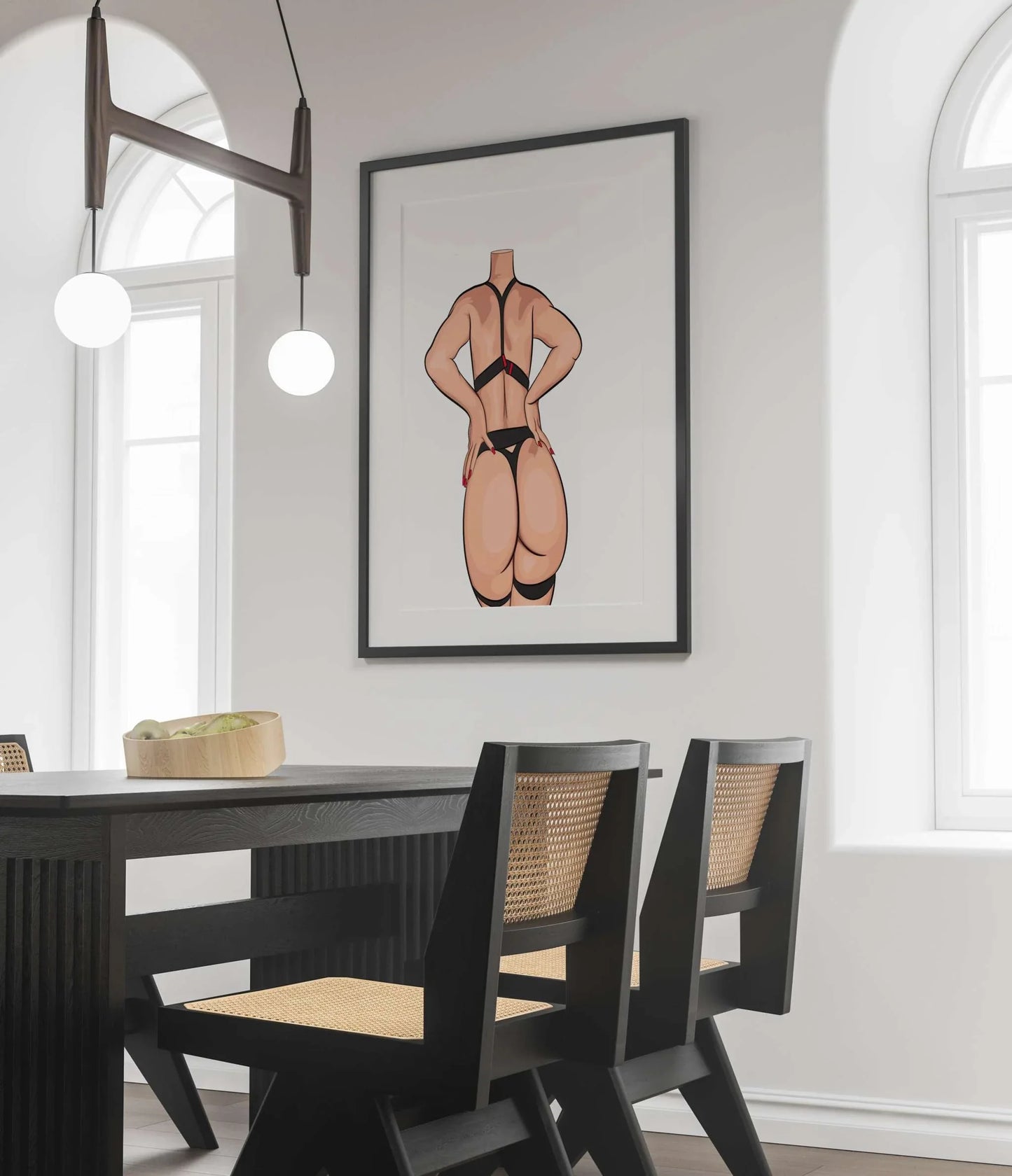 Digital art of a model in black and red strappy lingerie, emphasizing strength and sensuality; Baked Art - Model 87.