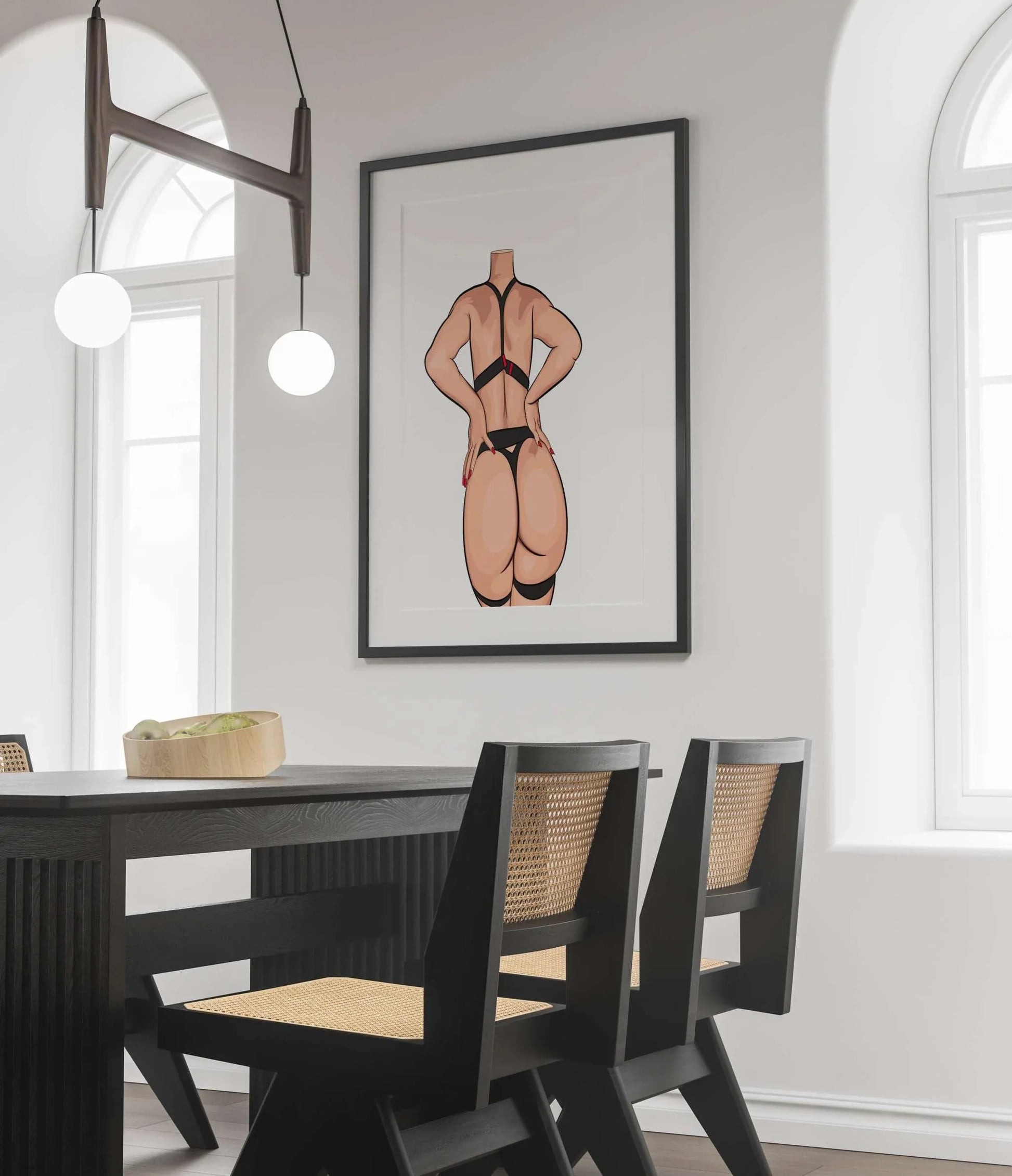 Digital art of a model in black and red strappy lingerie, emphasizing strength and sensuality; Baked Art - Model 87.