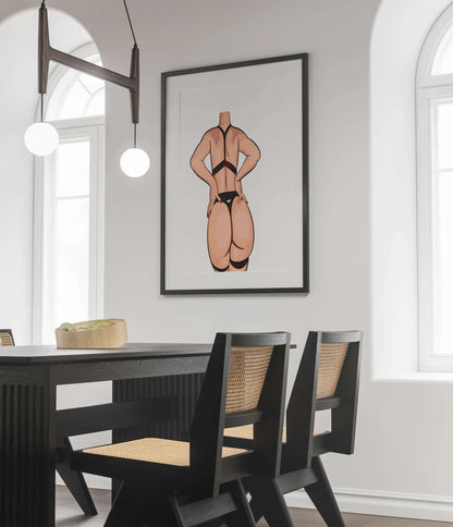 Digital art of a model in black and red strappy lingerie, emphasizing strength and sensuality; Baked Art - Model 87.