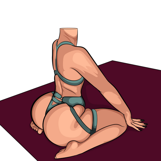 Baked Art Model 88 digital illustration showcasing teal outfit, muscle definition, and elegant dark red backdrop.
