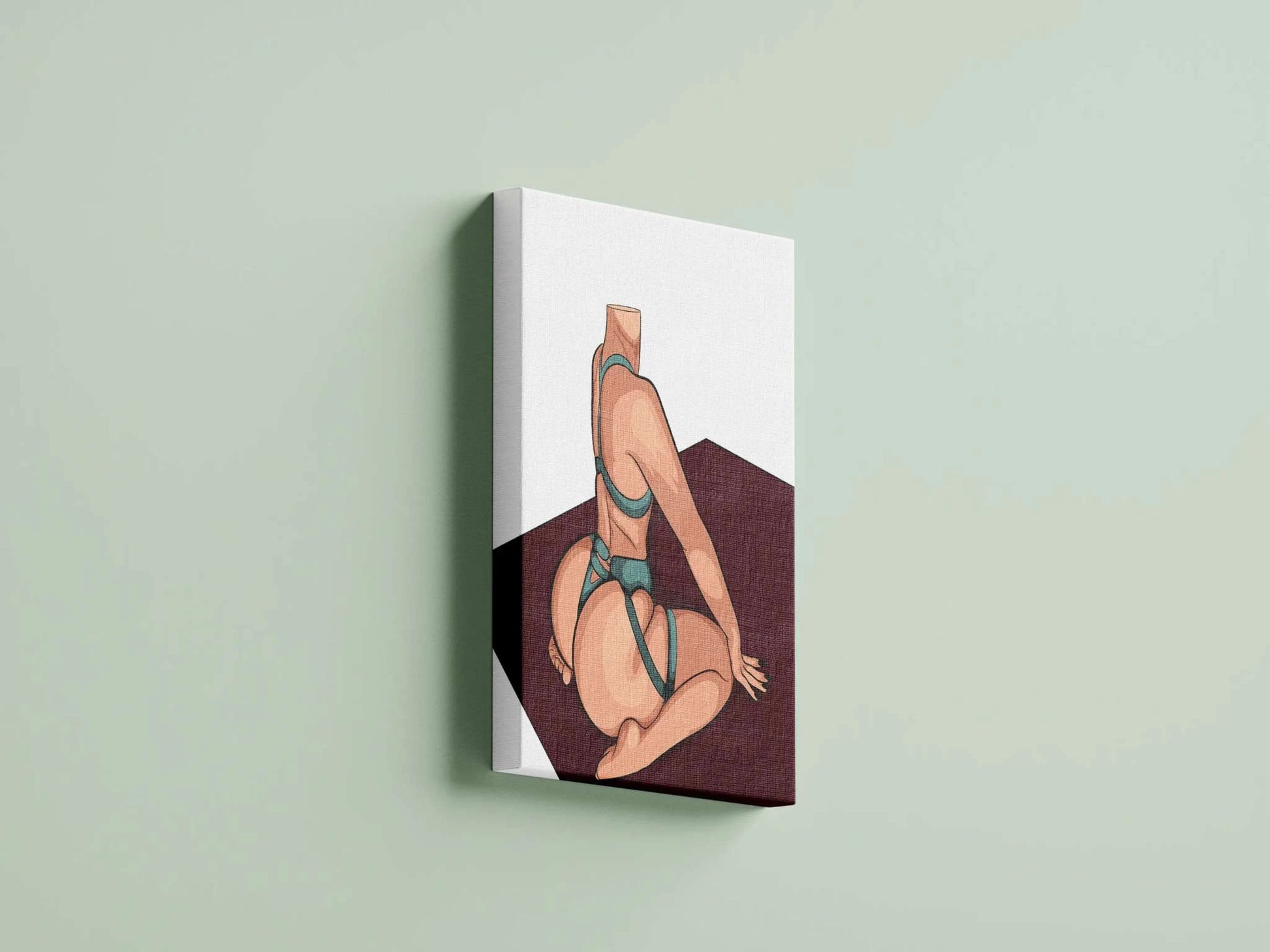 Digital illustration of Lingerie Model 88, showcasing flexibility in a teal strappy outfit against a dark red backdrop.