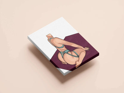 Digital illustration of Lingerie Model 88 by Baked Art, featuring a teal strappy outfit on a figure in a flexible pose with a dark red backdrop.