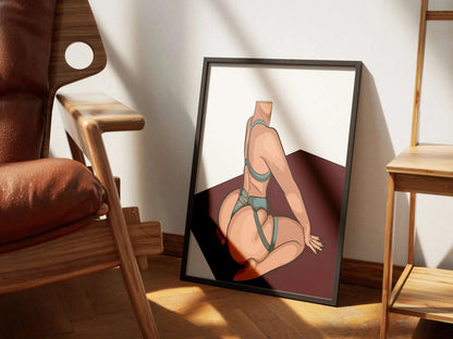 Baked Art Model 88 illustration, teal strappy outfit, dark red backdrop, digital download.