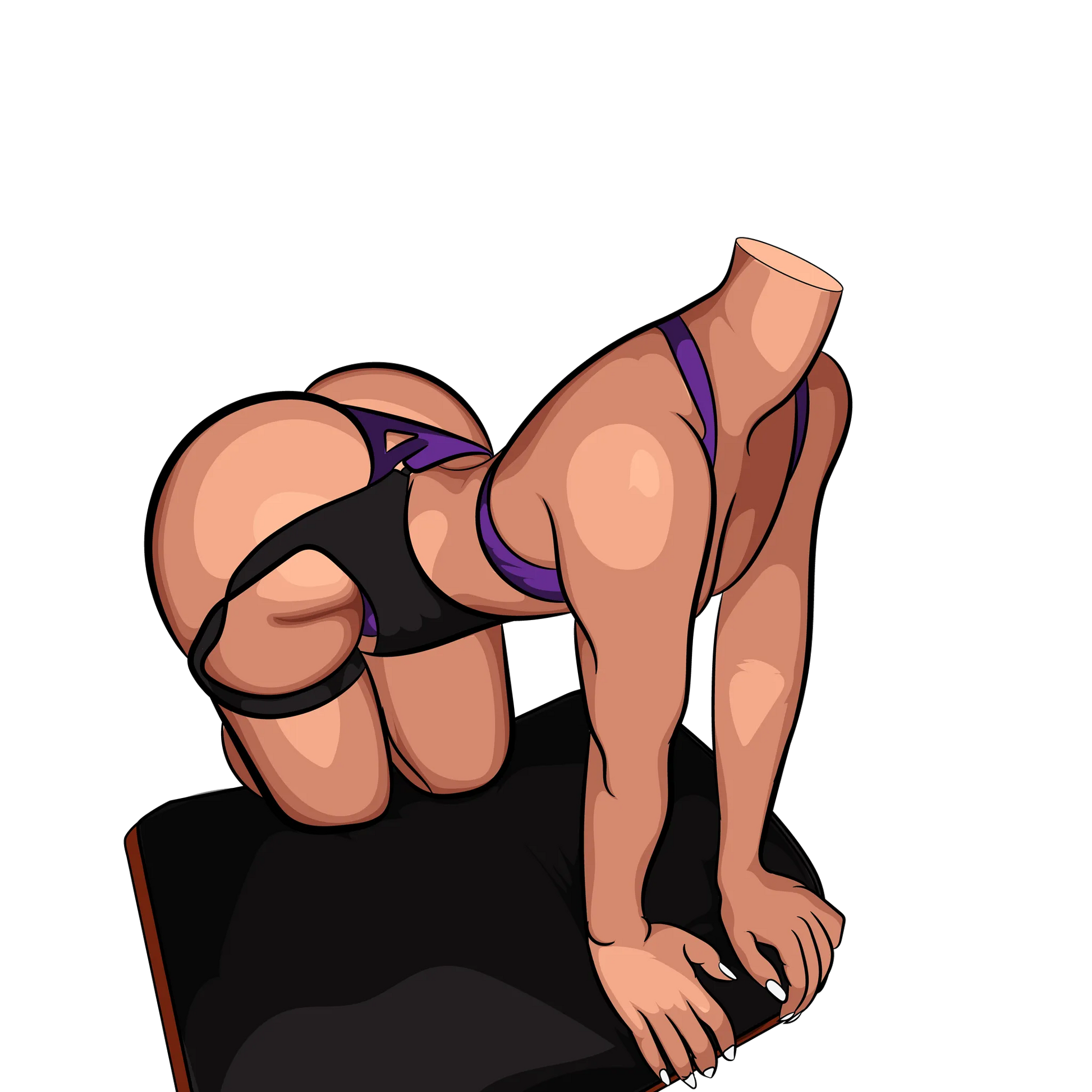 Dynamic illustration of a model in purple and black lingerie, highlighting strength and flexibility with a focus on movement and anatomical accuracy, titled "Baked Art - Model 89".