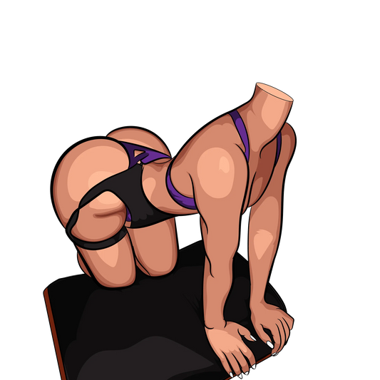 Dynamic illustration of a model in purple and black lingerie, highlighting strength and flexibility with a focus on movement and anatomical accuracy, titled "Baked Art - Model 89".