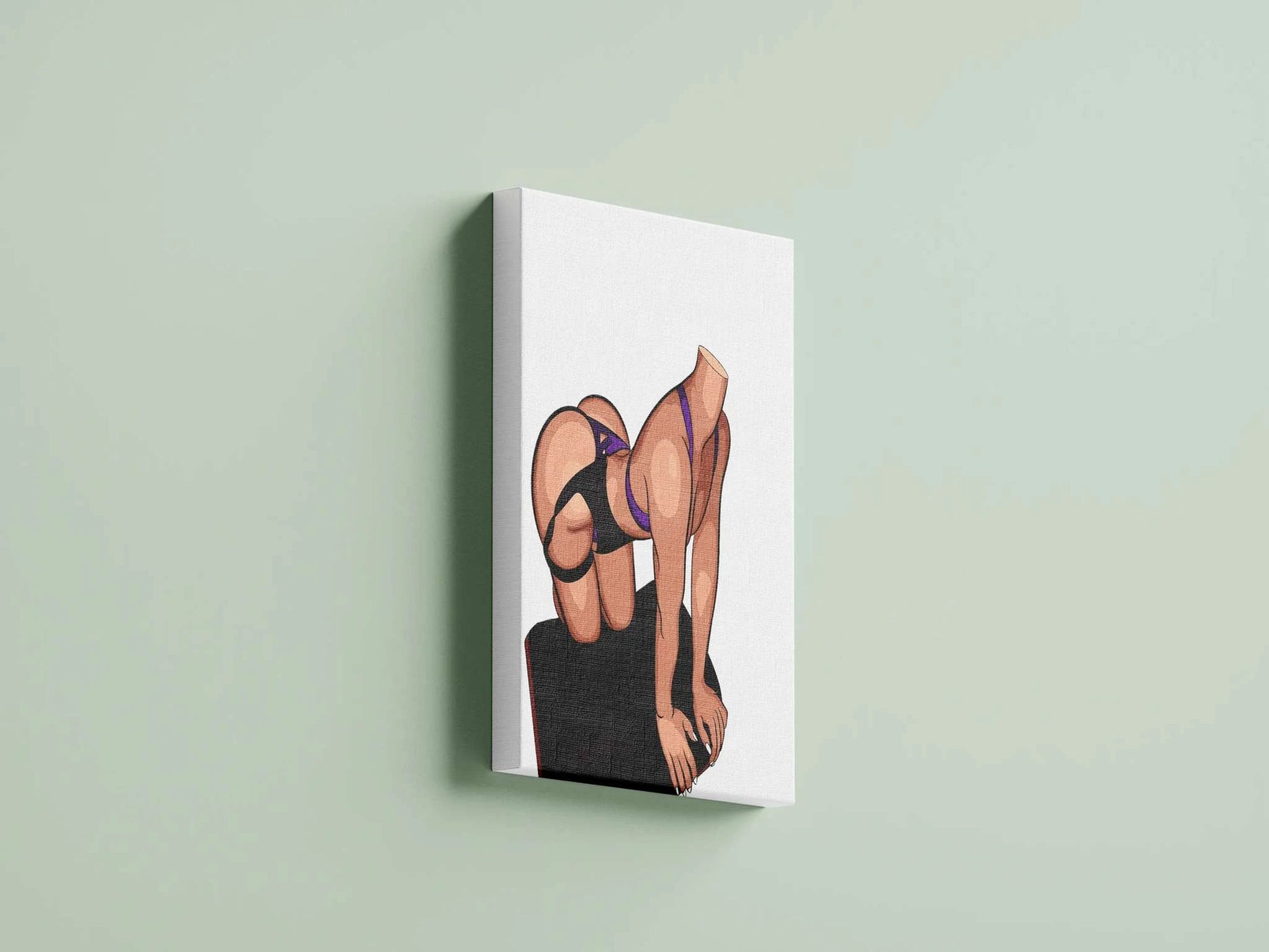 Digital illustration of a figure in purple and black lingerie, emphasizing strength, flexibility, and movement, titled 'Baked Art - Model 89', displayed on a green wall.