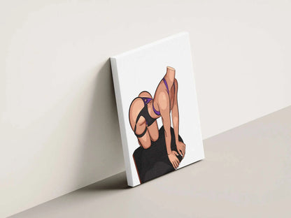 Dynamic digital illustration of a model in purple and black attire, emphasizing strength and flexibility against a black surface.