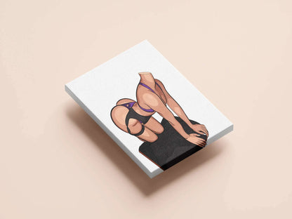 Digital illustration of a poised figure in purple and black lingerie, showcasing strength and balance on a black surface, representing Baked Art Model 89.