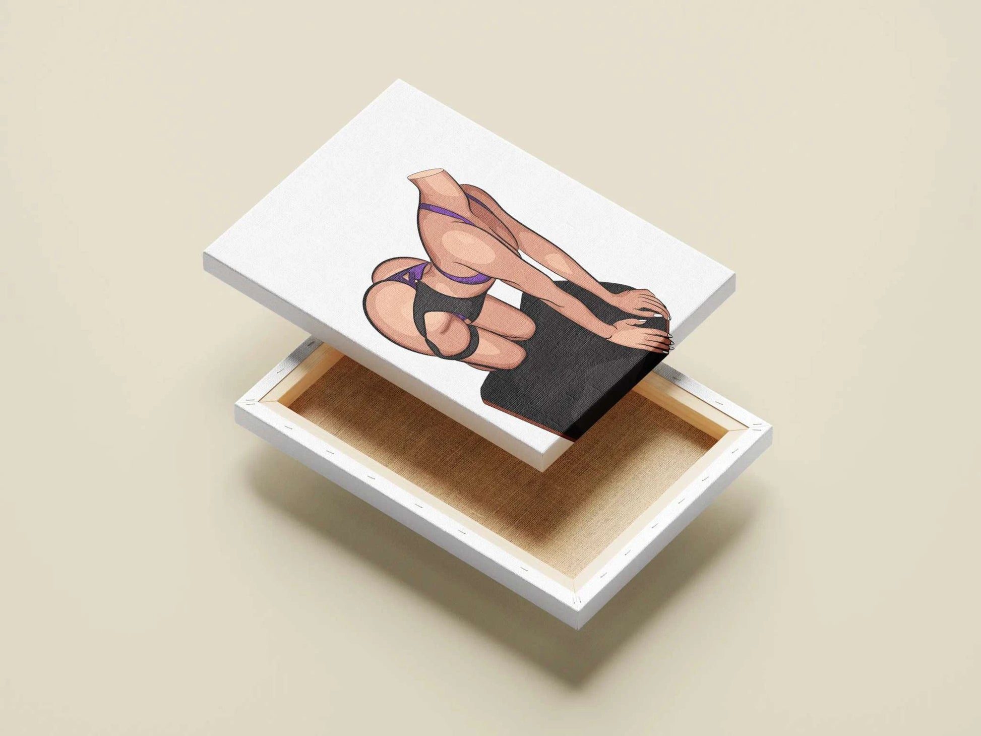 Digital illustration of a figure in purple and black lingerie, showcasing strength and flexibility, titled "Baked Art - Model 89".