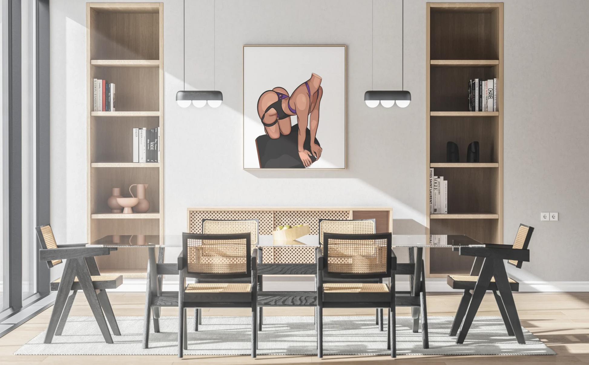 Digital illustration of Lingerie Model 89, highlighting dynamic pose and muscular definition in purple and black outfit, feature wall art.