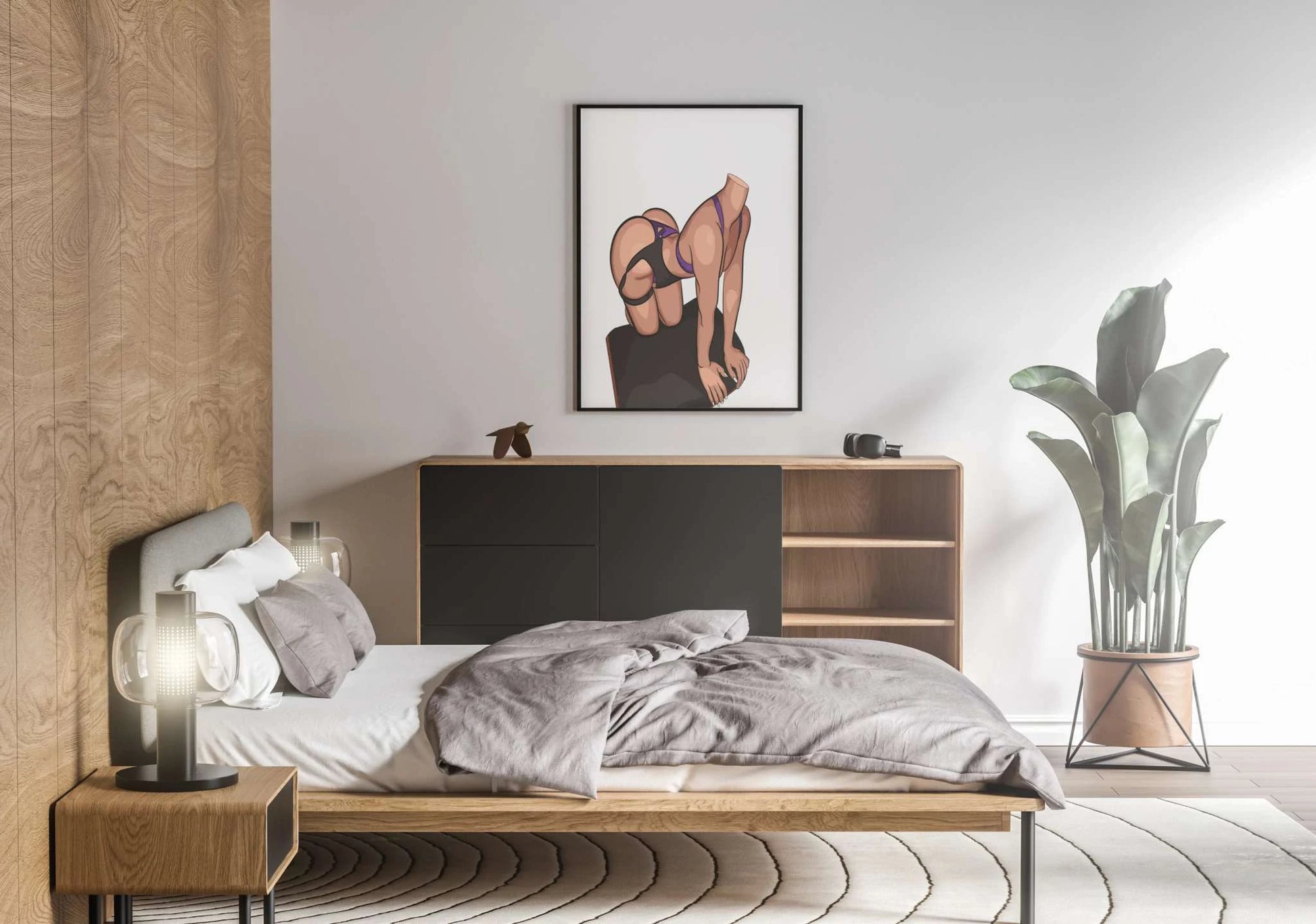 Digital art of a figure in purple and black attire in a bedroom setting, showcasing strength and flexibility.