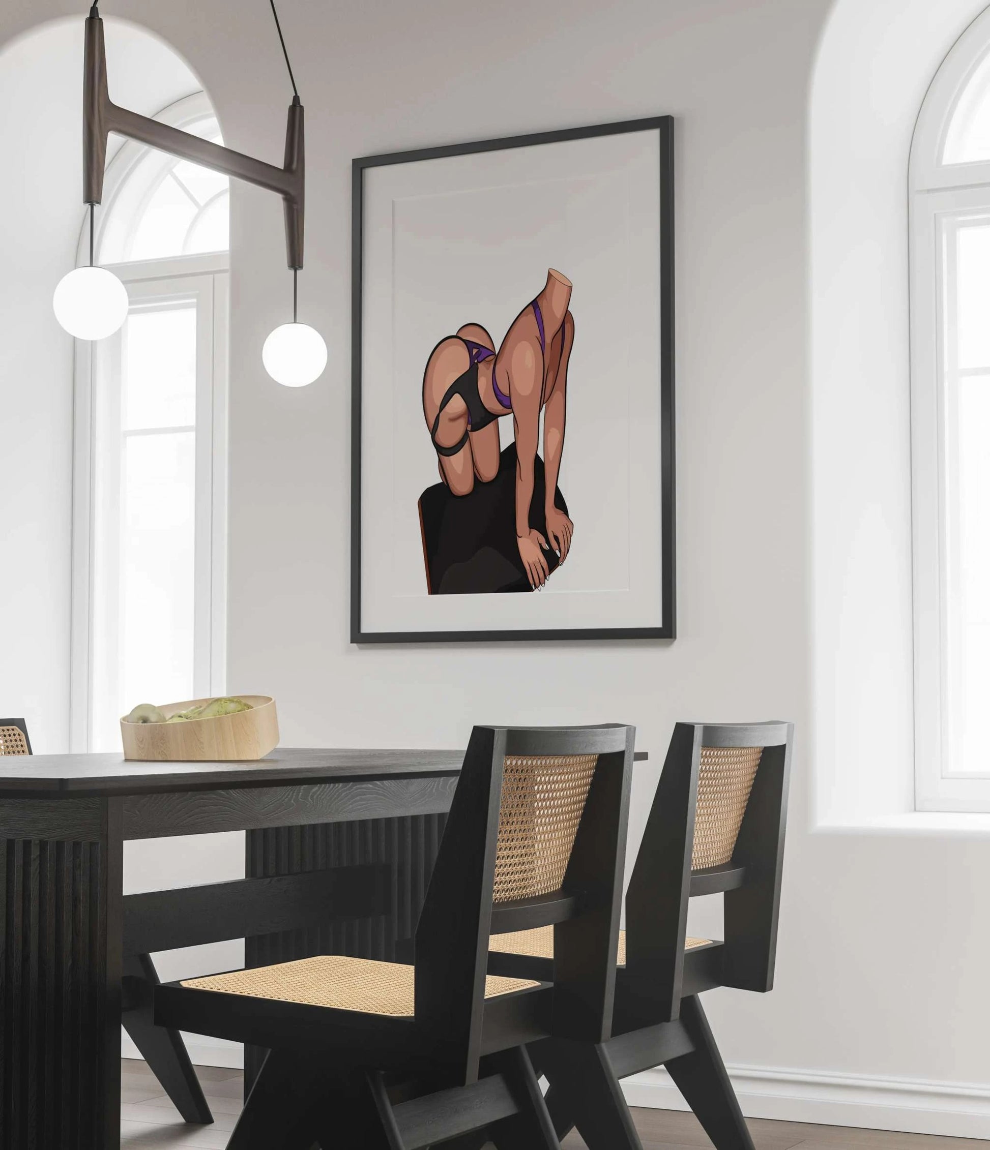 Digital artwork of a poised figure in purple and black, highlighting strength and flexibility.