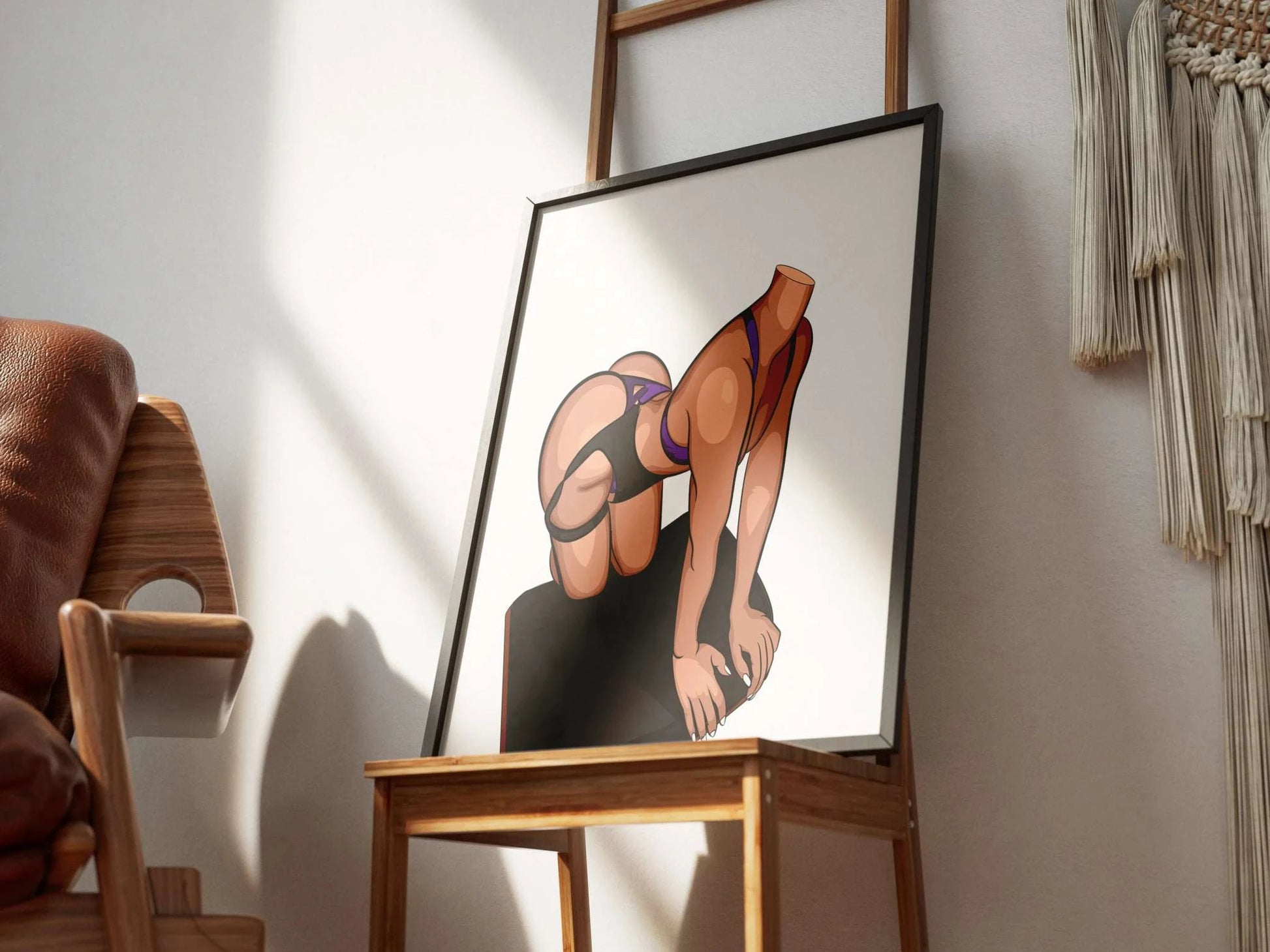 Dynamic digital illustration of a figure in purple and black, highlighting strength and flexibility in a poised pose, titled Baked Art - Model 89.