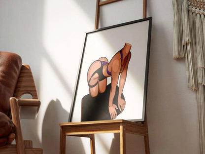 Dynamic digital illustration of a figure in purple and black, highlighting strength and flexibility in a poised pose, titled Baked Art - Model 89.