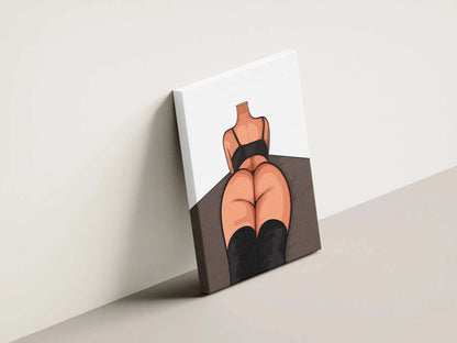 Digital illustration of a reclining figure in black attire and thigh-high boots, showcasing fluid lines and warm tones against a minimalistic background, available as digital download.