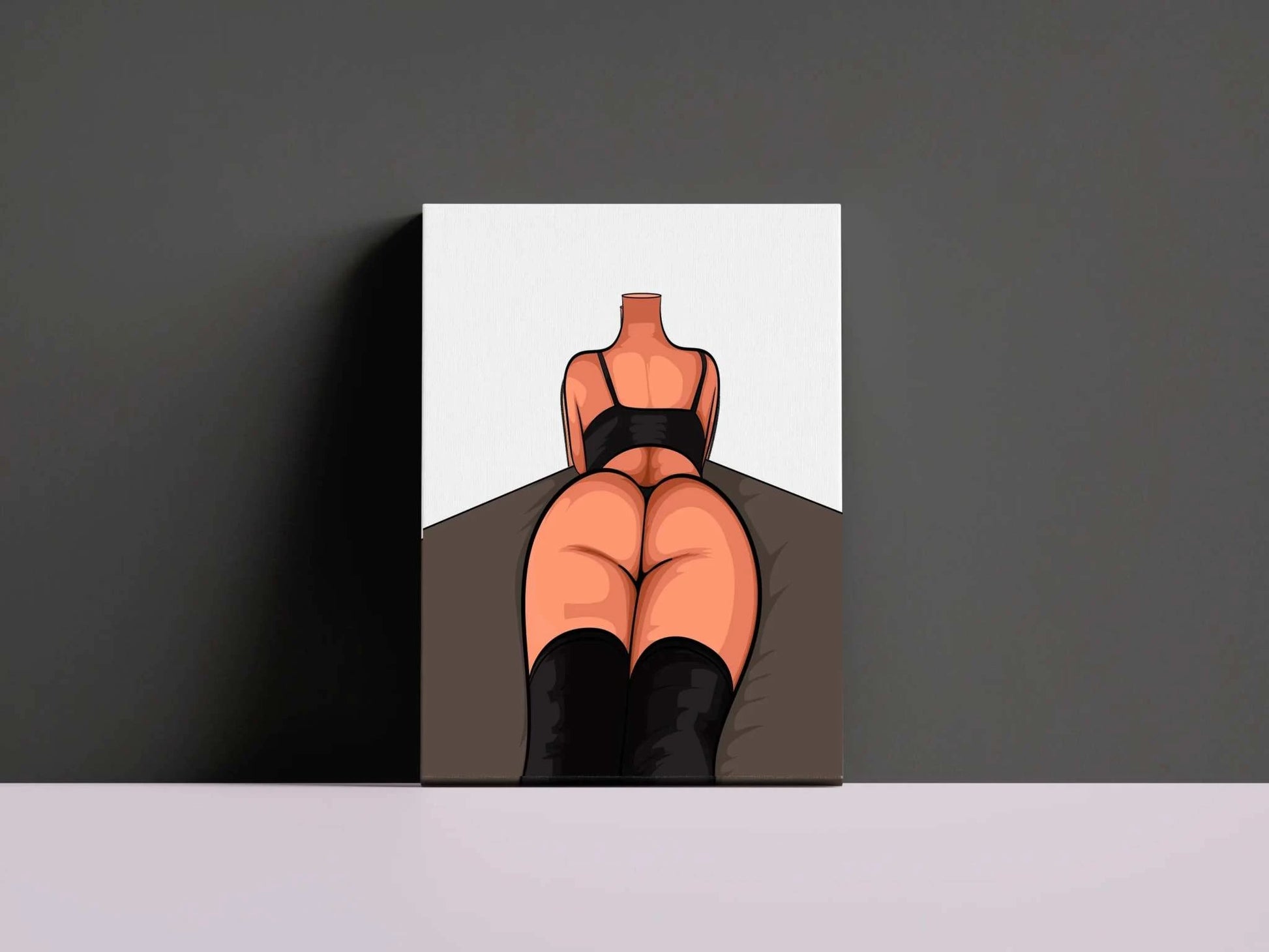 Digital illustration of figure in black attire and thigh-high boots, emphasizing body contours against minimalistic background. Baked Art - Model 90.