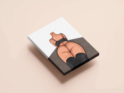 Digital illustration of Model 90 in black lingerie and thigh-high boots, emphasizing contours and curves in a minimalistic setting.