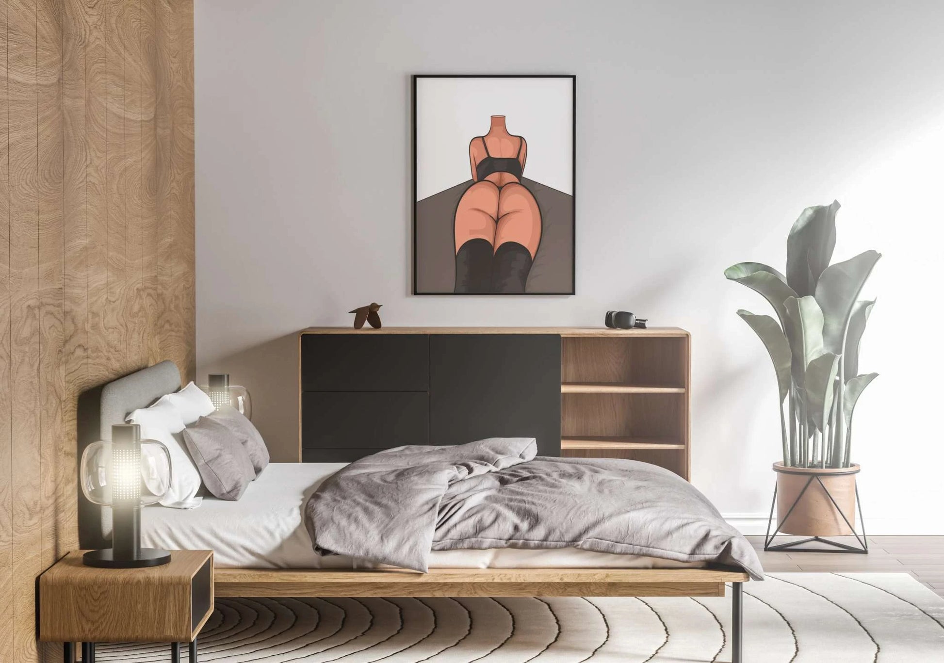 Lingerie model art print with black attire and thigh-high boots, highlighting body contours in a modern bedroom.