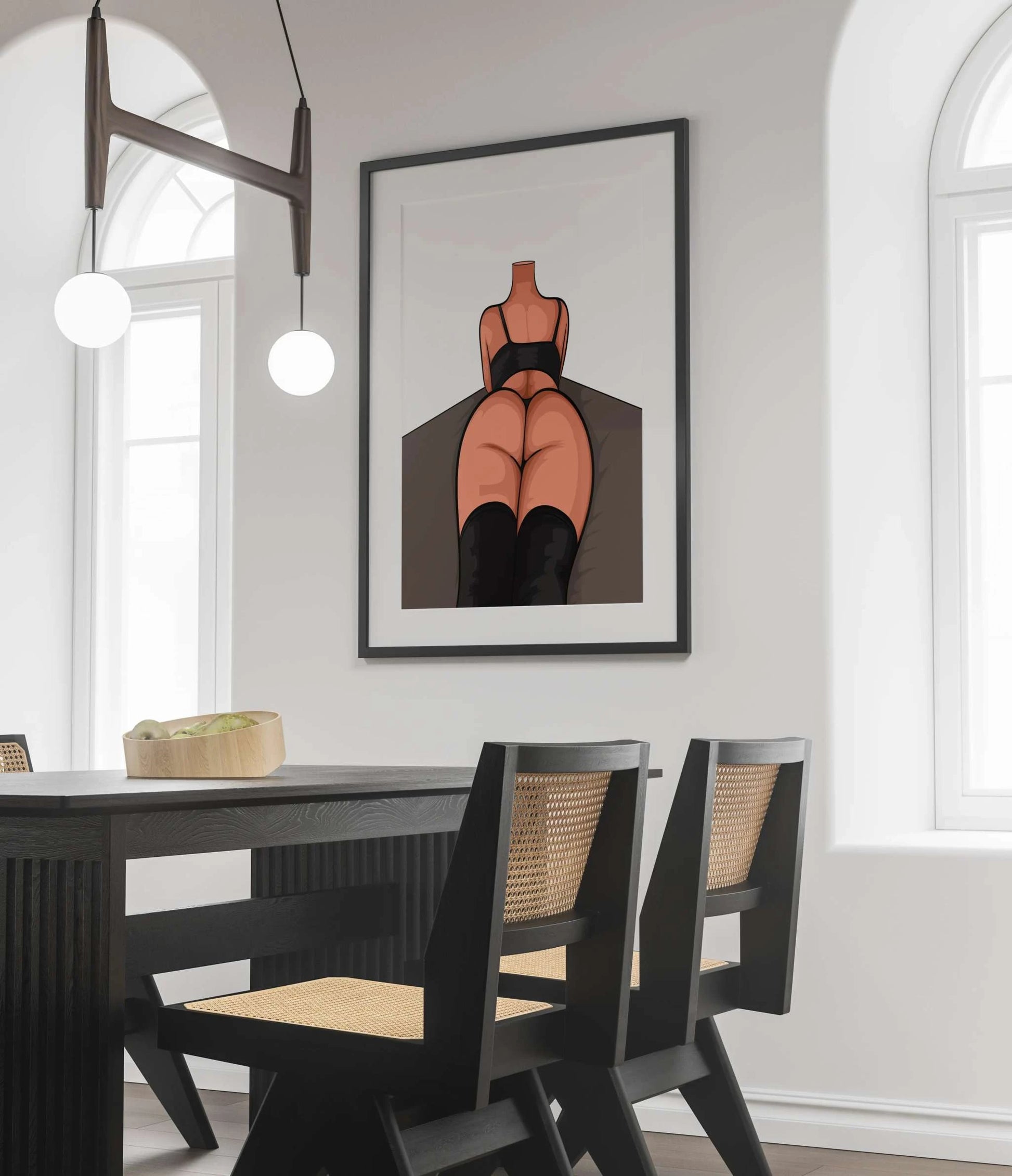 Digital illustration of a reclining figure in black attire, featuring thigh-high boots, emphasizes body contours with contrasting warm skin tones in a minimalistic setting.
