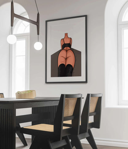 Digital illustration of a reclining figure in black attire, featuring thigh-high boots, emphasizes body contours with contrasting warm skin tones in a minimalistic setting.