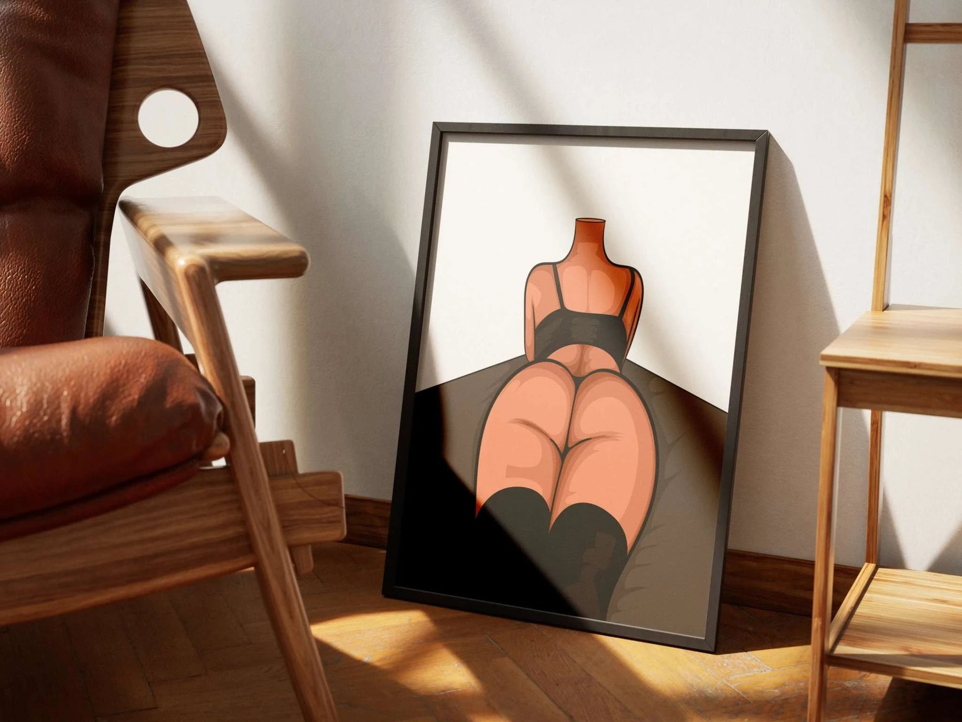 Digital illustration of a reclining figure in black lingerie and thigh-high boots, highlighting curves with smooth shading and minimalistic background.