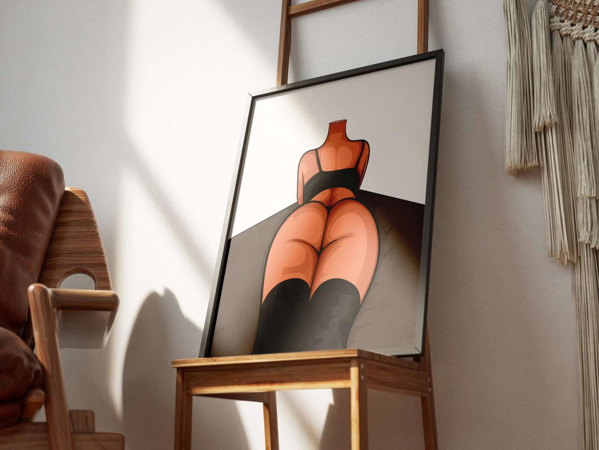 Digital illustration of a figure in black attire and thigh-high boots, highlighting body contours with elegant shading; Baked Art Model 90.