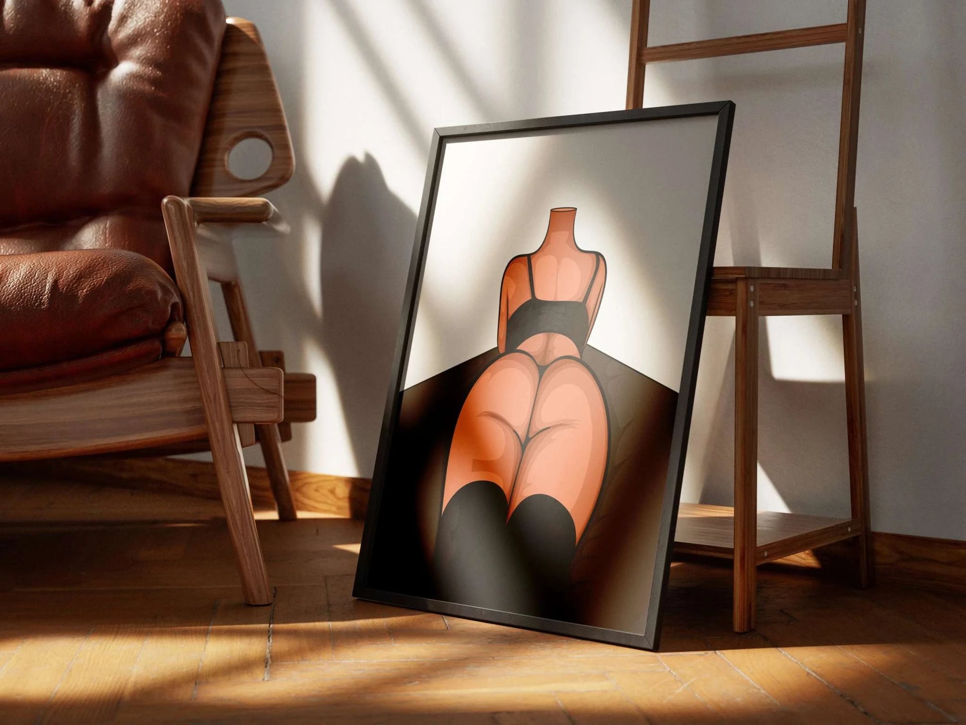 Digitalized art of a reclined figure in black attire and thigh-high boots, highlighting body contours; Baked Art - Model 90.