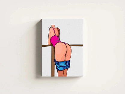 Baked Art - Model 91 illustration featuring a figure in a bright pink swimsuit, leaning on a wooden railing with denim jeans hanging below the waist.