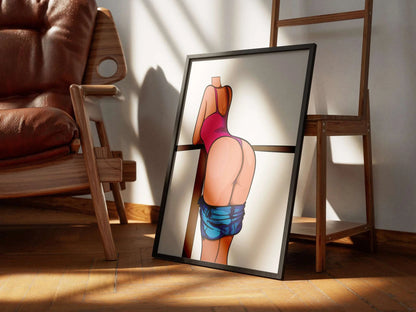 Digital illustration of a figure in a pink bikini leaning on a railing, with denim jeans hanging loosely.